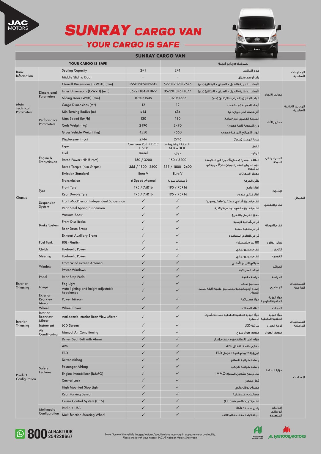 JAC Sunray Cargo Van Specifications